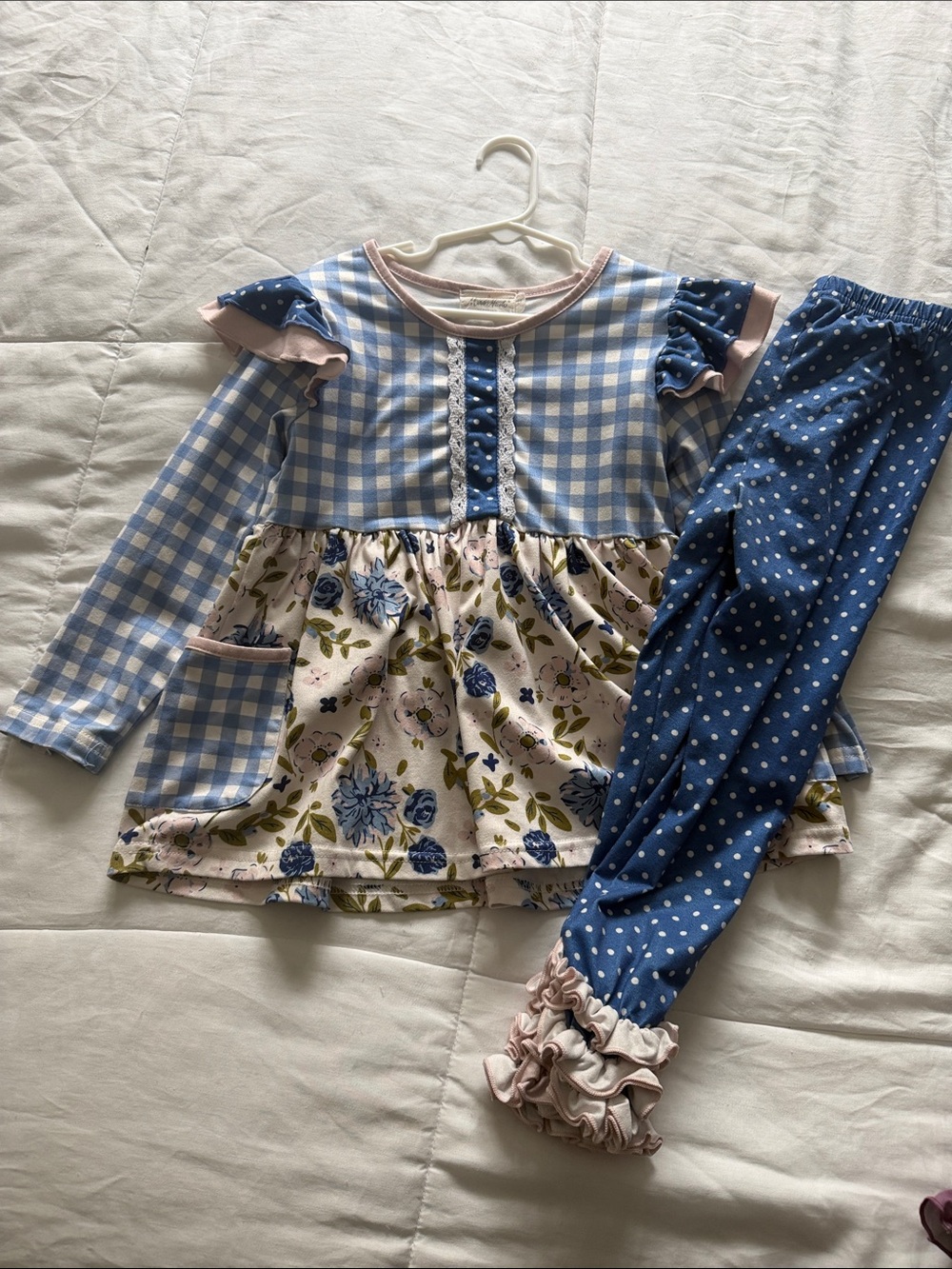 Girls Blue Gingham & Floral Pajama Set with Polka Dot Leggings